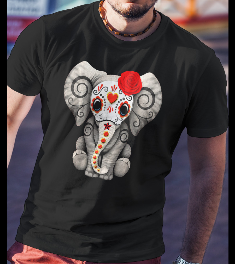 Sugar Skull Elephant With Red Rose Day Of The Dead T-Shirt