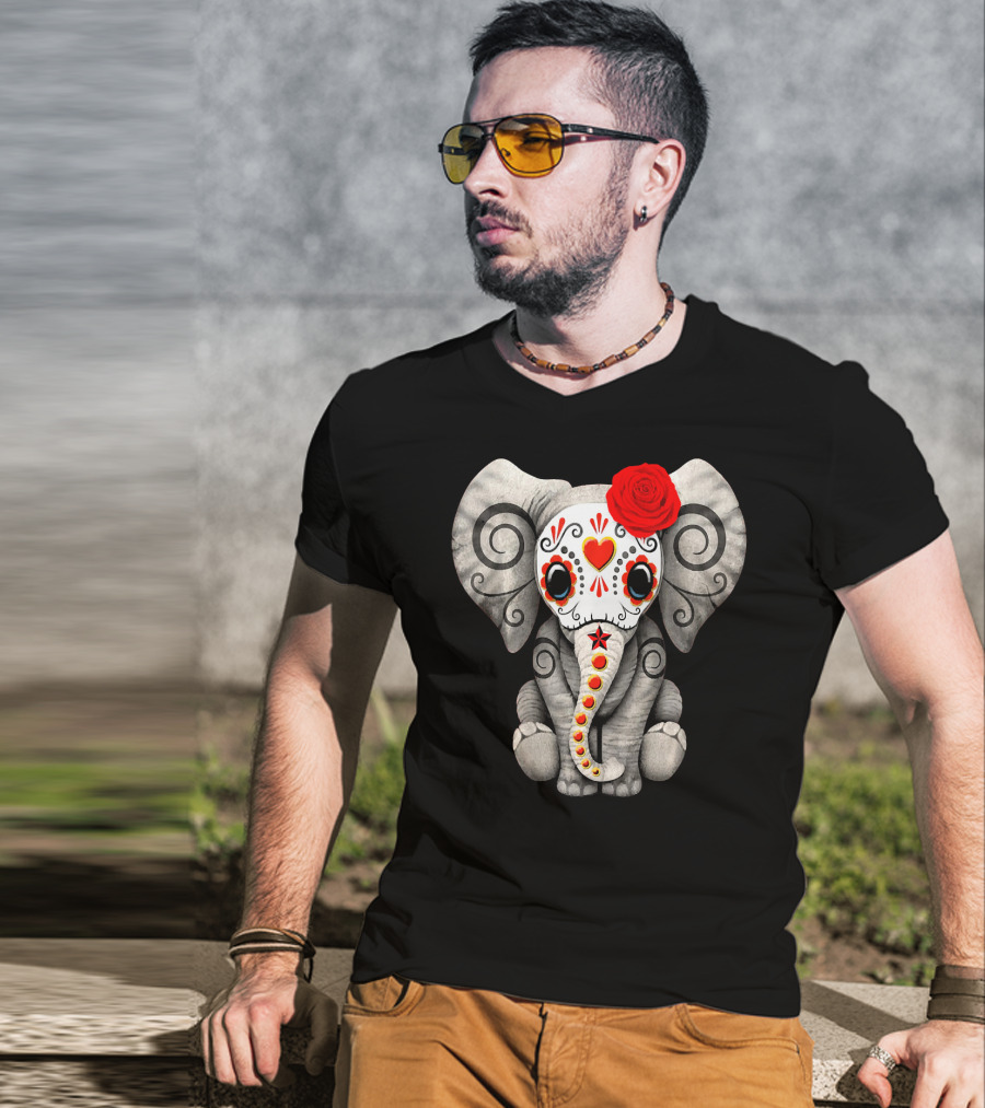 Sugar Skull Elephant With Red Rose Day Of The Dead T-Shirt