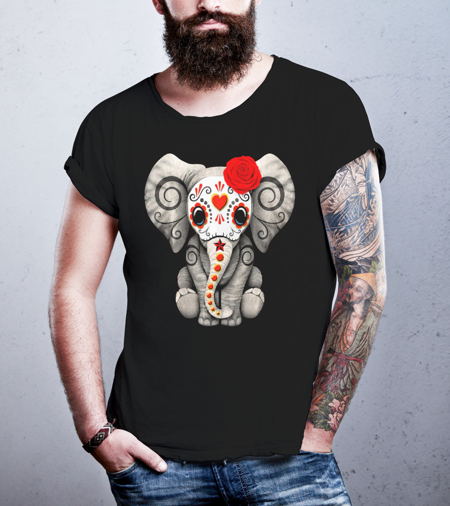 Sugar Skull Elephant With Red Rose Day Of The Dead T-Shirt