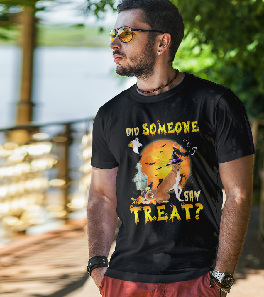 Did Someone Say Treat Basenji Halloween Moon Ghost Bats Witch Hat T-Shirt