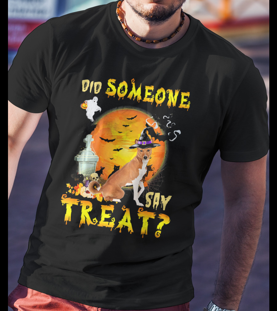 Did Someone Say Treat Basenji Halloween Moon Ghost Bats Witch Hat T-Shirt