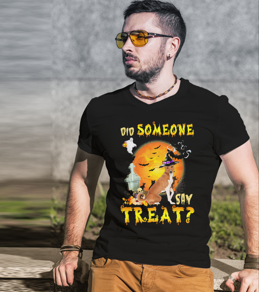 Did Someone Say Treat Basenji Halloween Moon Ghost Bats Witch Hat T-Shirt