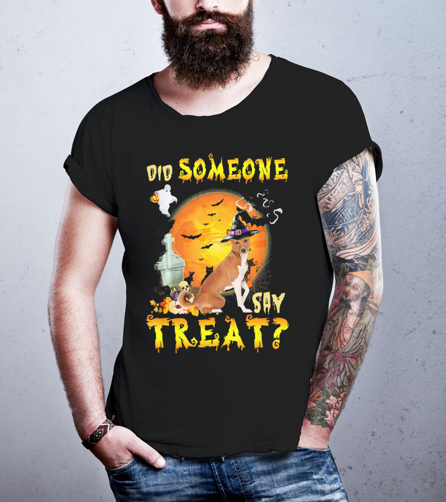 Did Someone Say Treat Basenji Halloween Moon Ghost Bats Witch Hat T-Shirt