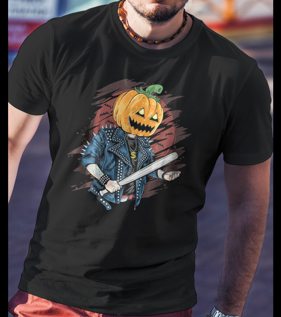 Punk Rocker Metalhead Pumpkin With Spiked Jacket And Baseball Bat T-Shirt