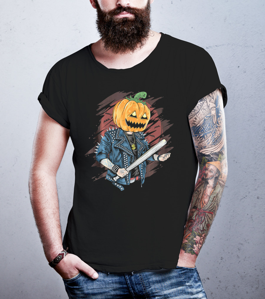 Punk Rocker Metalhead Pumpkin With Spiked Jacket And Baseball Bat T-Shirt