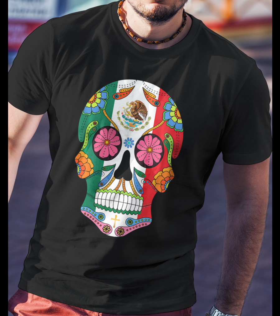 Mexican Flag Sugar Skull Eagle Floral Motif T-Shirt
