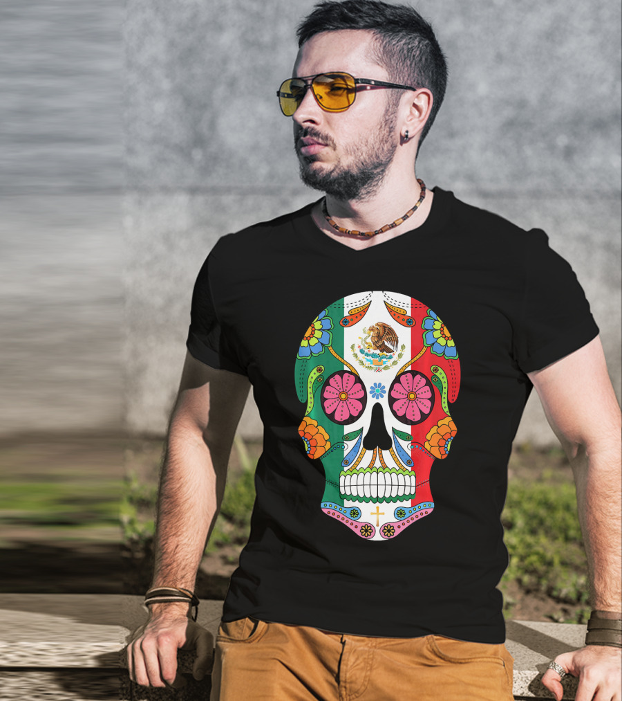 Mexican Flag Sugar Skull Eagle Floral Motif T-Shirt