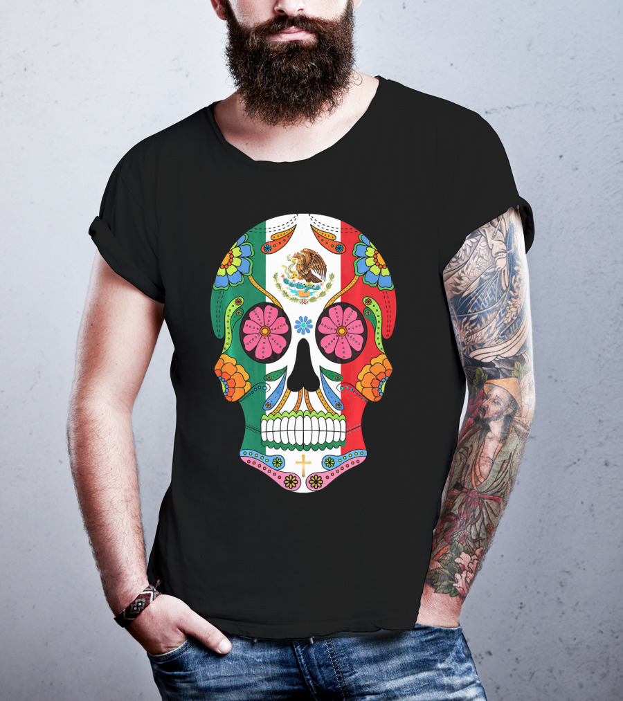 Mexican Flag Sugar Skull Eagle Floral Motif T-Shirt
