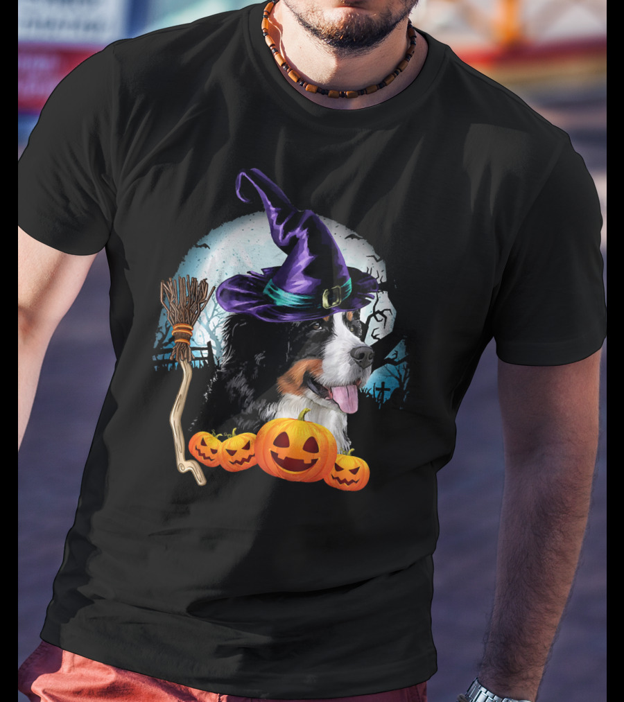 Bernese Mountain Dog In Witch Hat With Pumpkins And Broomstick Halloween Scene T-Shirt