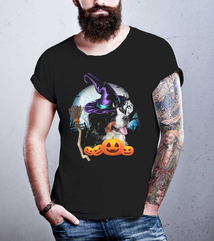 Bernese Mountain Dog In Witch Hat With Pumpkins And Broomstick Halloween Scene T-Shirt