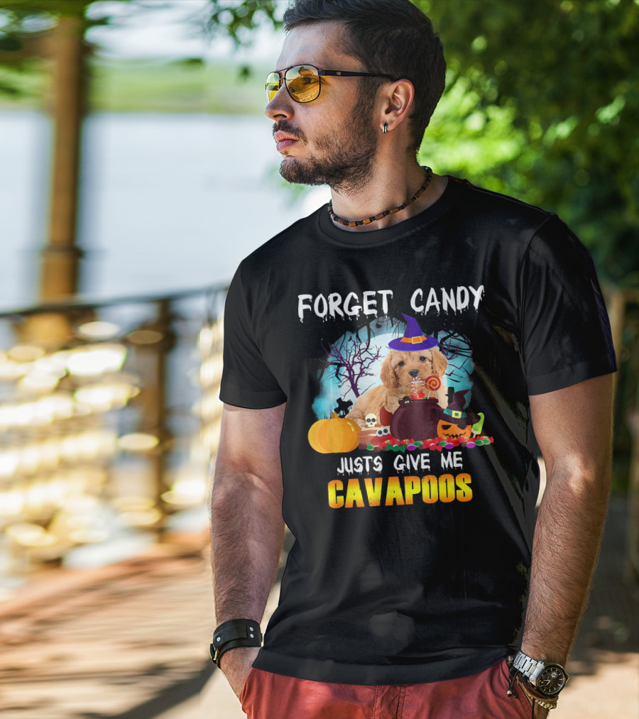 Forget Candy Just Give Me Cavapoos Halloween Puppy With Witch Hat And Pumpkins T-Shirt