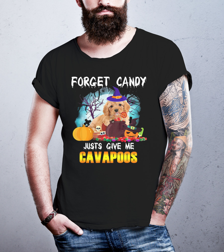 Forget Candy Just Give Me Cavapoos Halloween Puppy With Witch Hat And Pumpkins T-Shirt