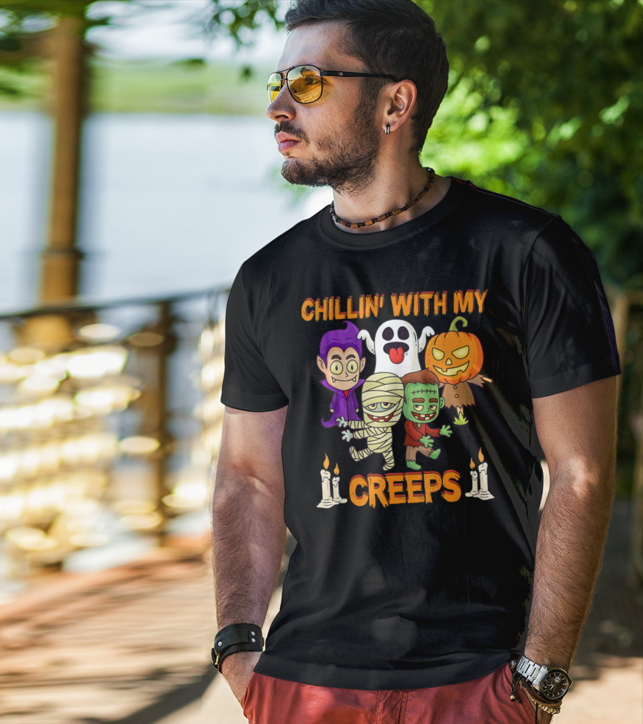 Chillin With My Creeps Ghost Mummy Frankenstein Vampire Pumpkin Candles T-Shirt