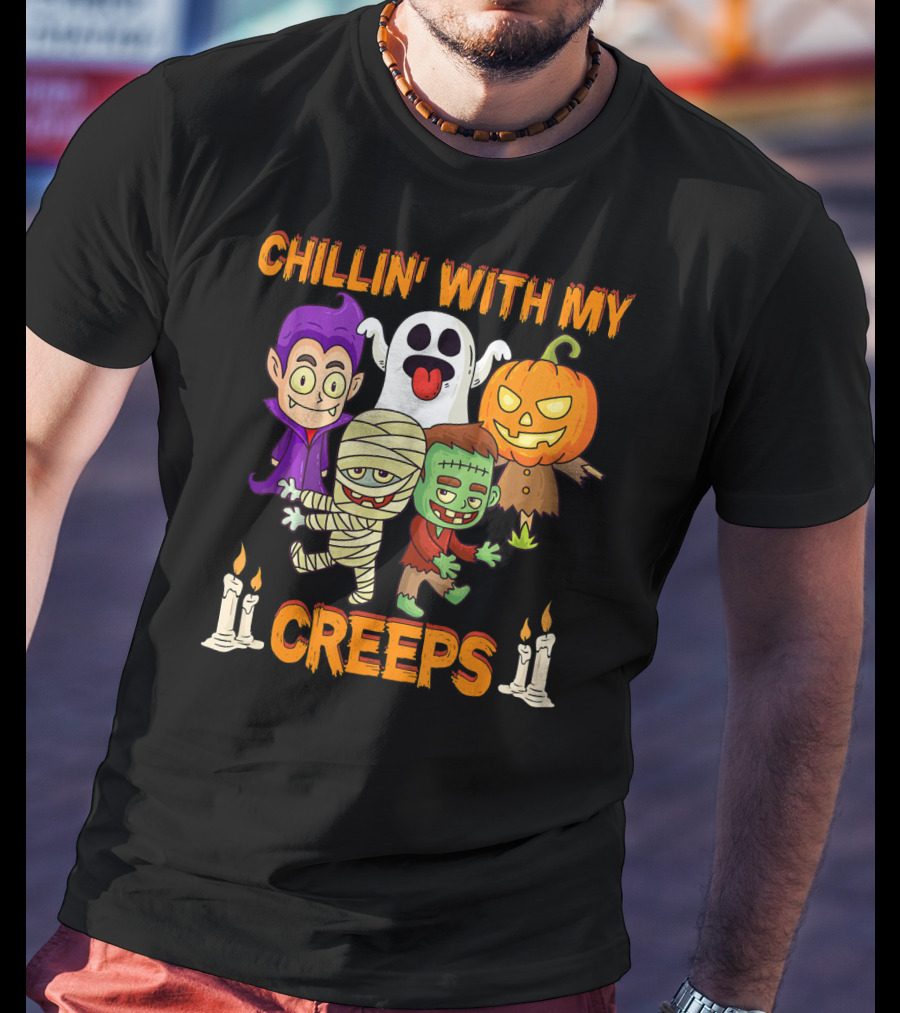 Chillin With My Creeps Ghost Mummy Frankenstein Vampire Pumpkin Candles T-Shirt