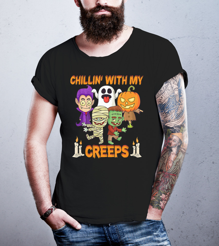 Chillin With My Creeps Ghost Mummy Frankenstein Vampire Pumpkin Candles T-Shirt