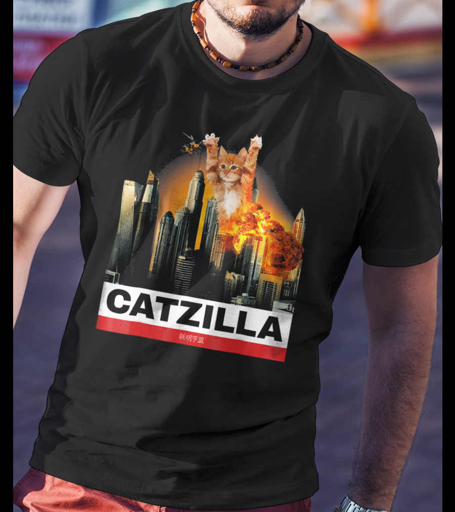 CATZILLA Funny Kitty Cat Over Cityscape Explosion T-Shirt