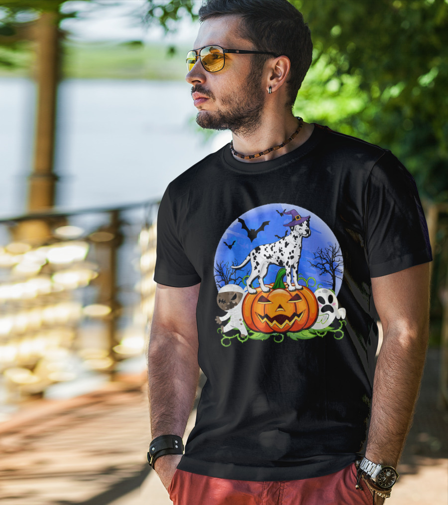 Dalmatian Pumpkin Halloween Mummy Ghost Moon Bats Trees T-Shirt