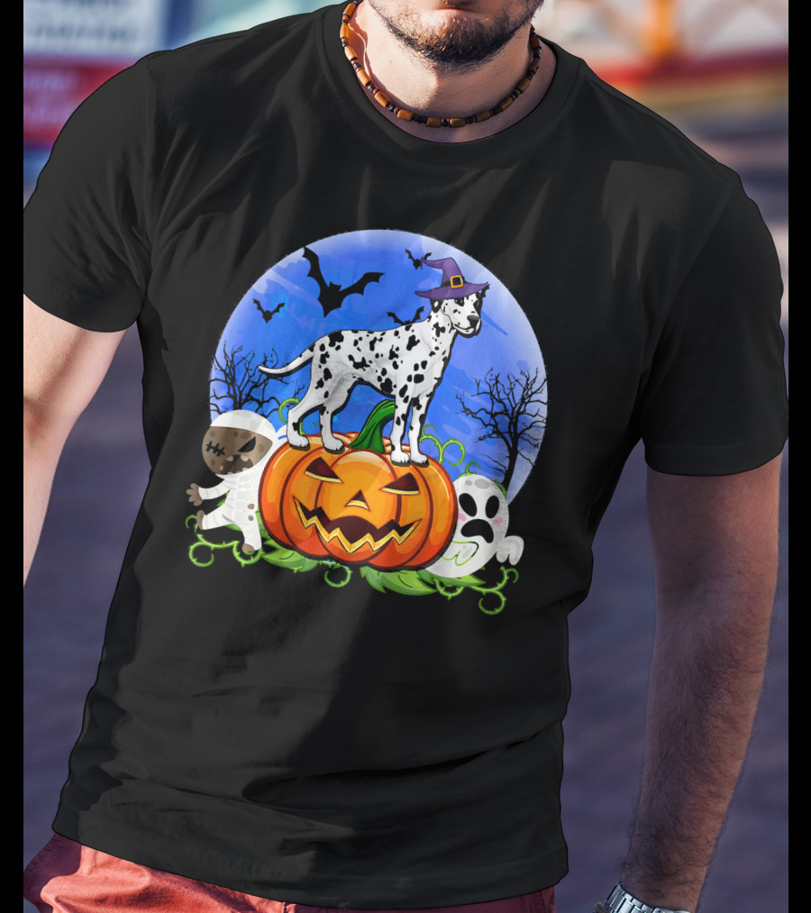 Dalmatian Pumpkin Halloween Mummy Ghost Moon Bats Trees T-Shirt