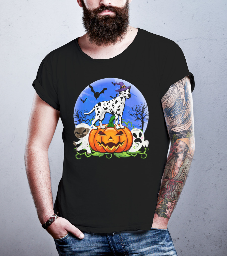 Dalmatian Pumpkin Halloween Mummy Ghost Moon Bats Trees T-Shirt