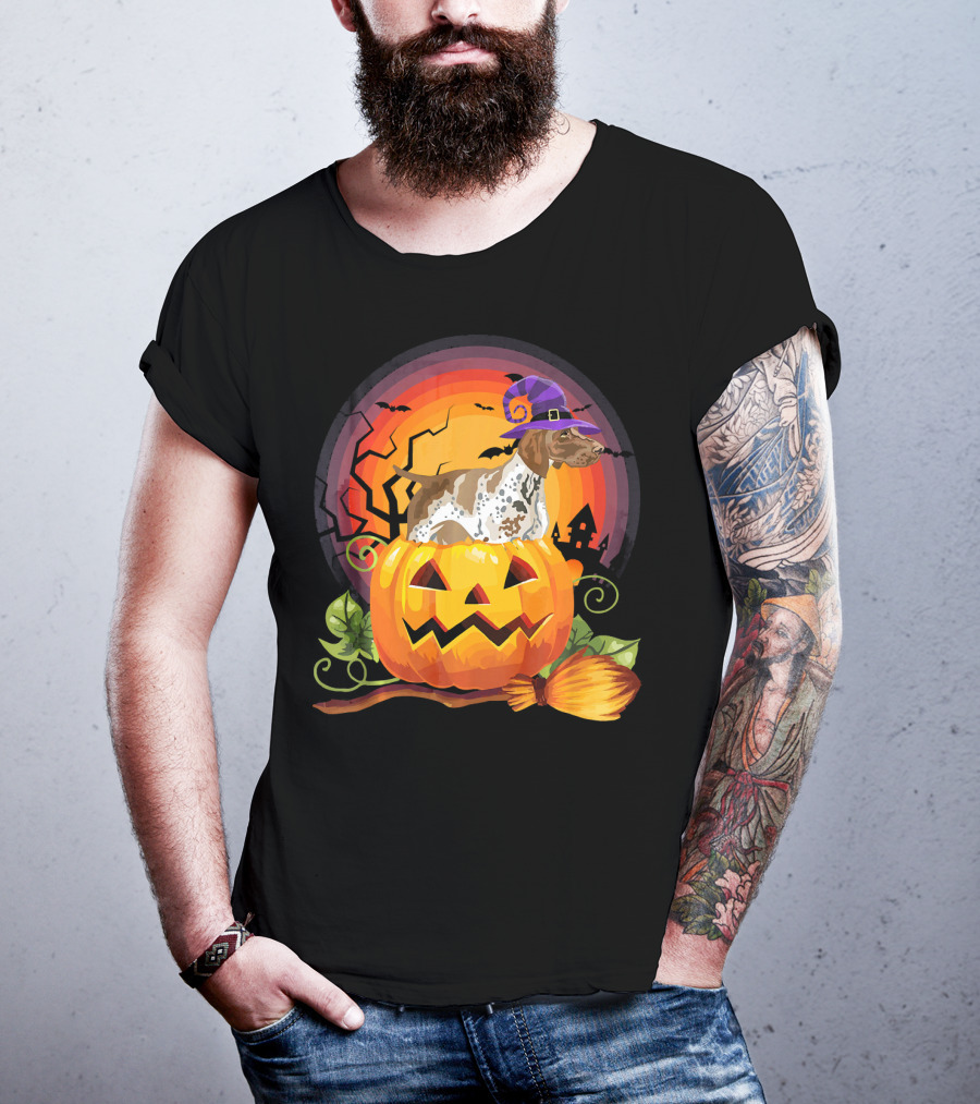 German Shorthaired Pointer Halloween Pumpkin Witch Hat Broomstick T-Shirt