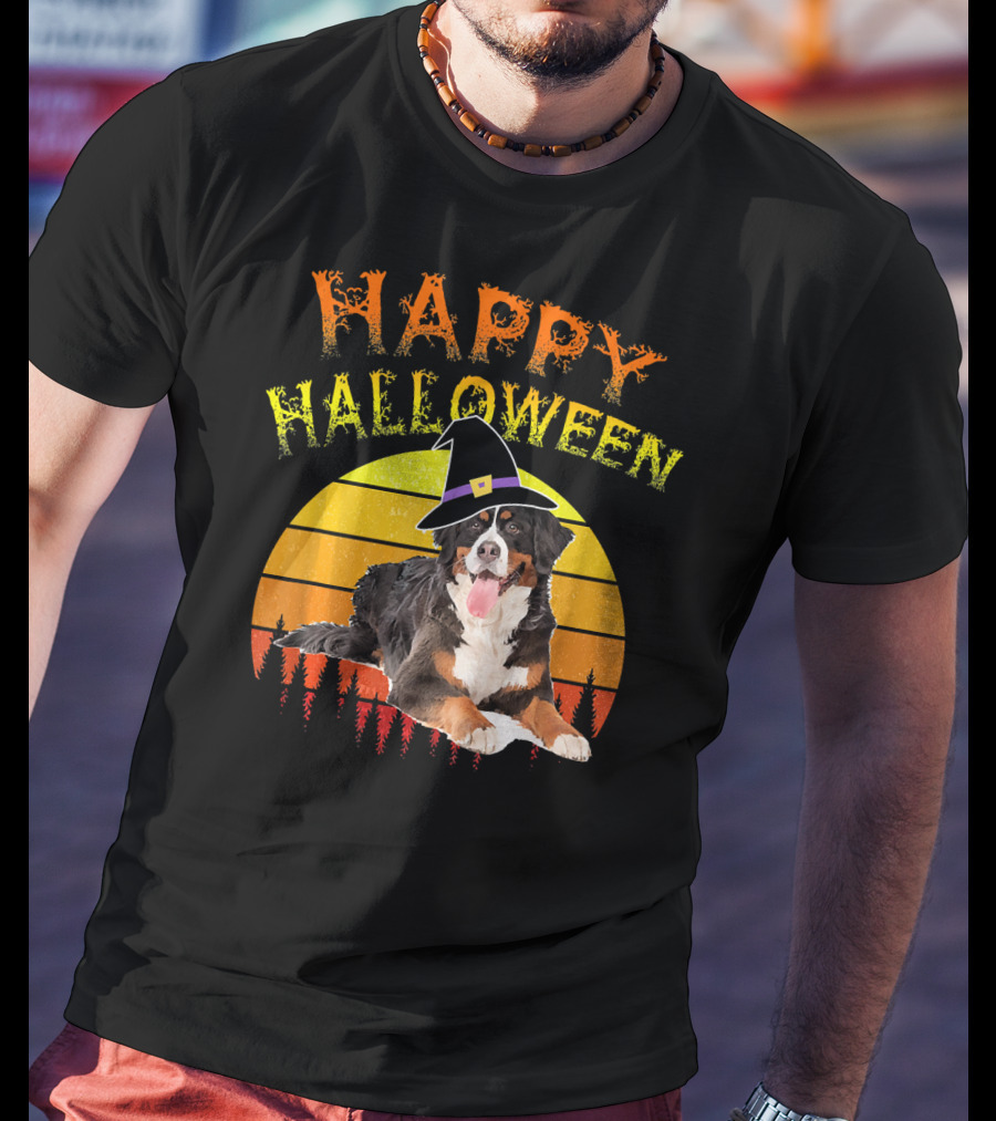 Happy Halloween Bernese Mountain Dog Lover Witch Hat Sunset T-Shirt