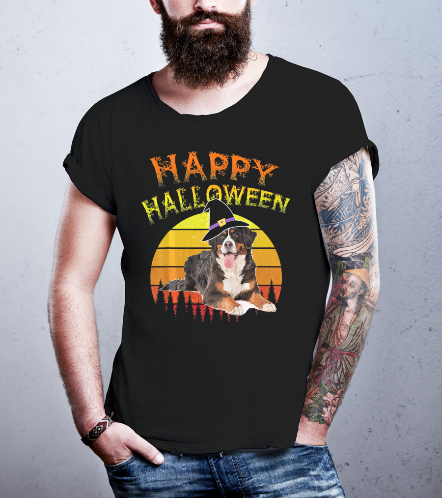 Happy Halloween Bernese Mountain Dog Lover Witch Hat Sunset T-Shirt