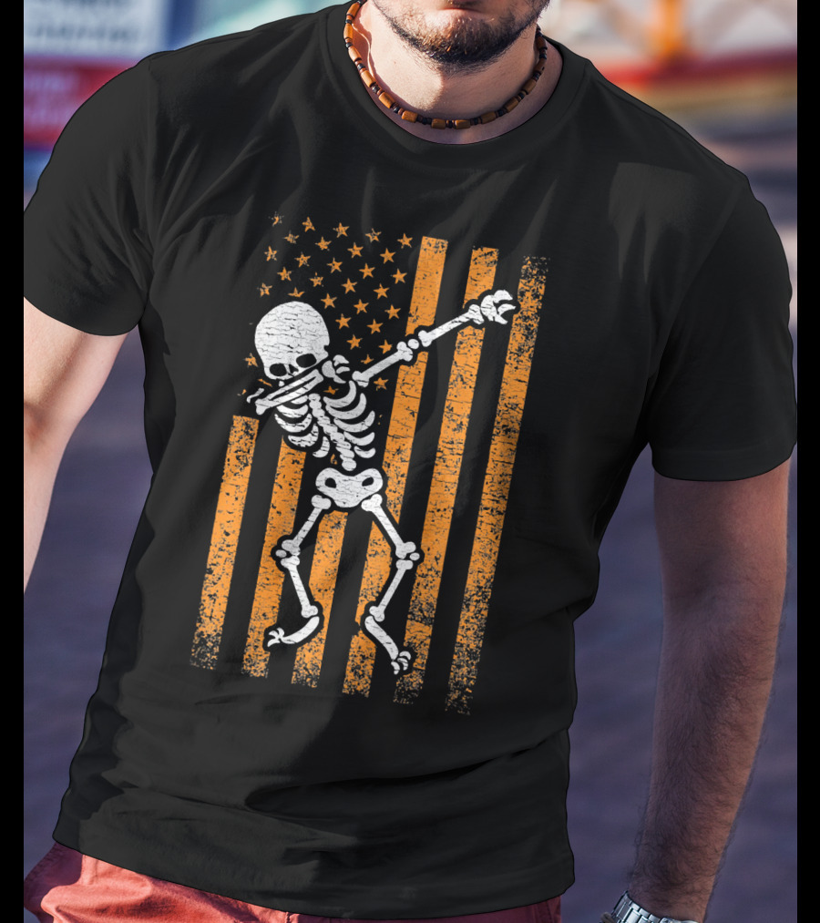 Halloween Dabbing Skeleton American Flag Retro Style Icons T-Shirt