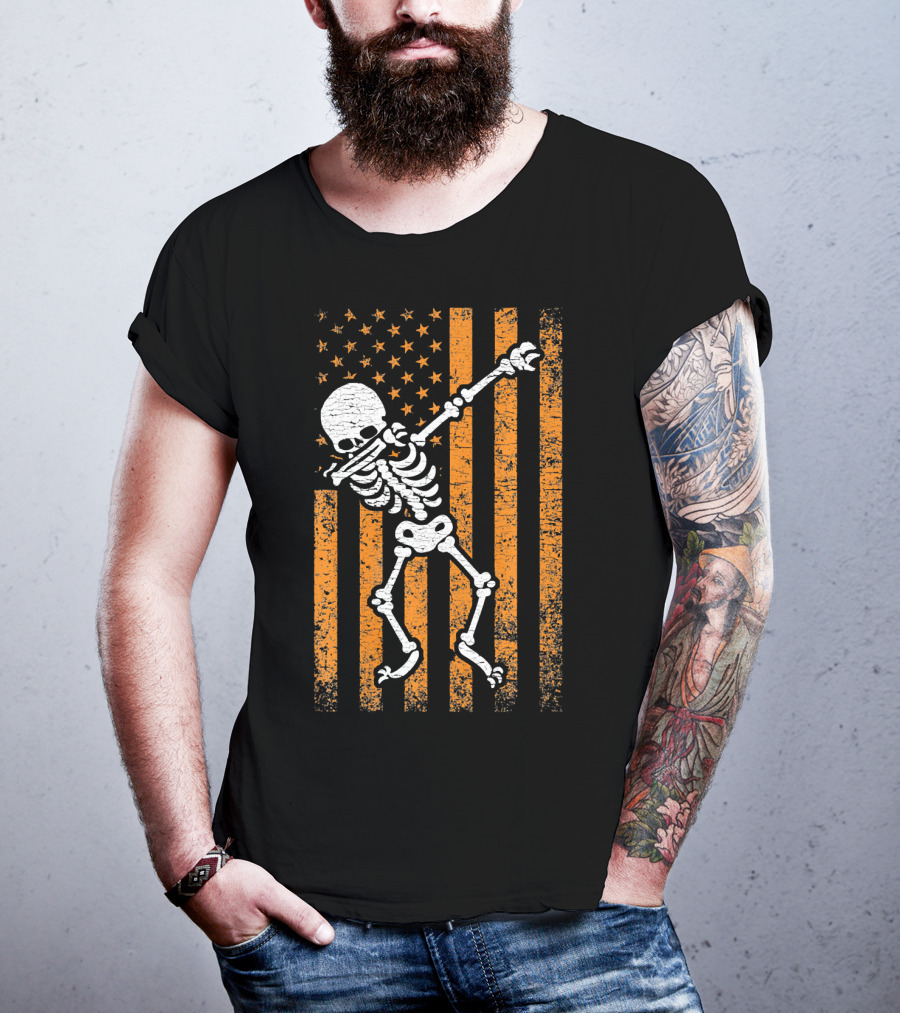 Halloween Dabbing Skeleton American Flag Retro Style Icons T-Shirt