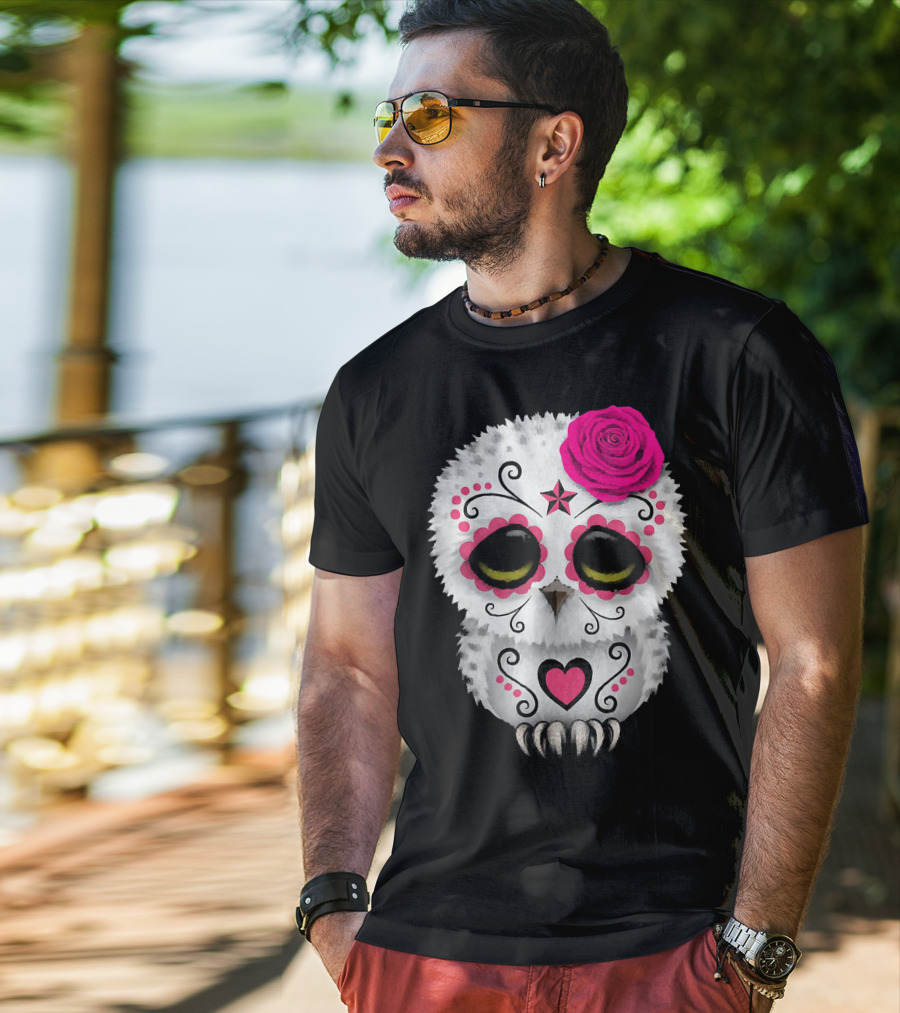 Owl Sugar Skull With Pink Rose And Heart Motif T-Shirt