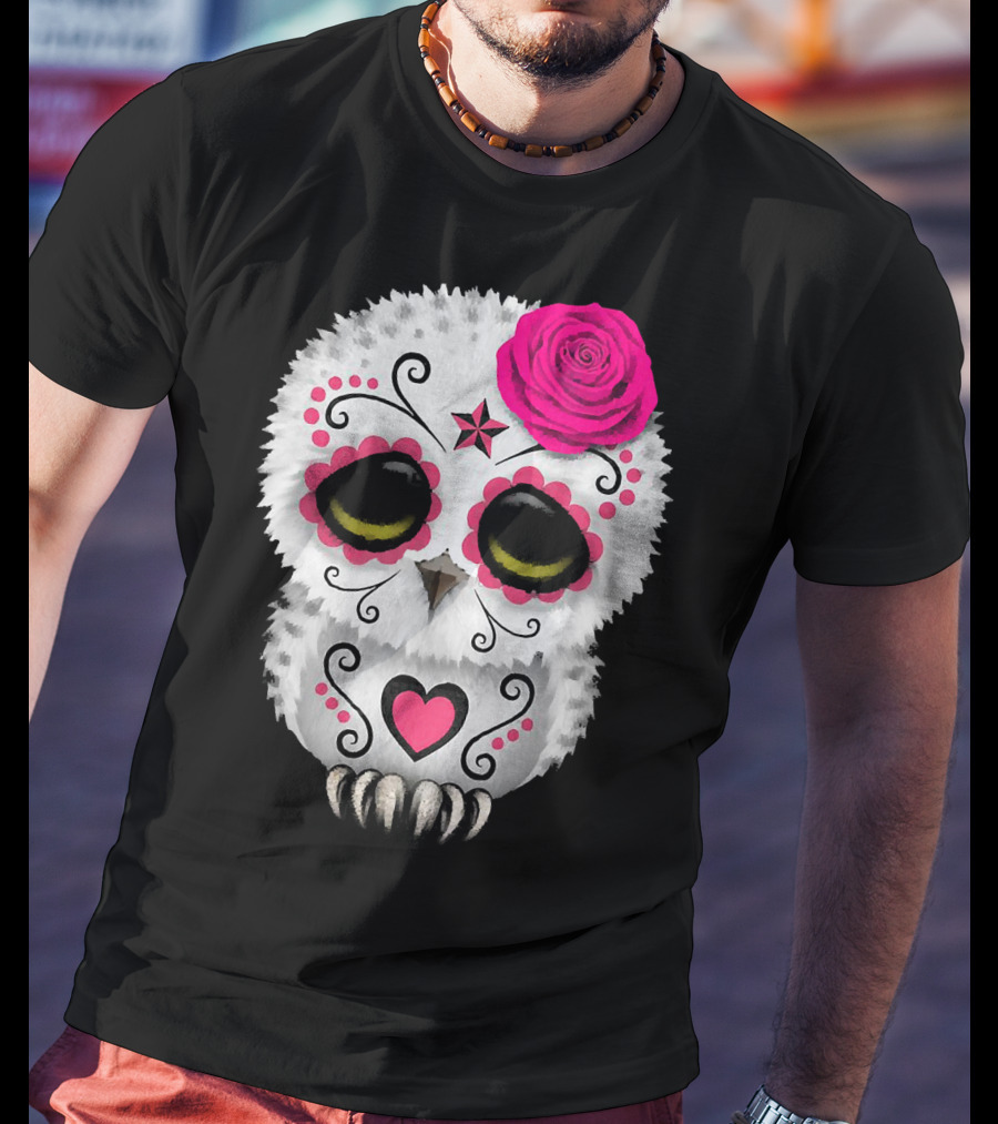 Owl Sugar Skull With Pink Rose And Heart Motif T-Shirt