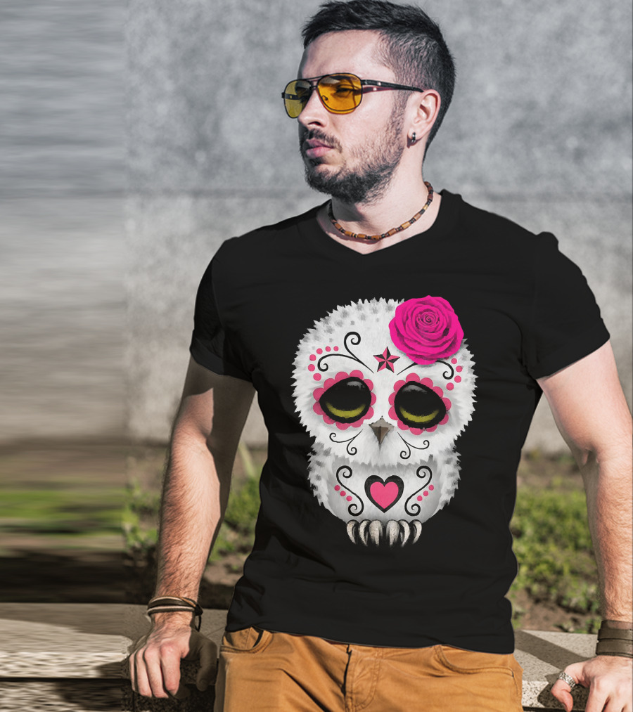 Owl Sugar Skull With Pink Rose And Heart Motif T-Shirt