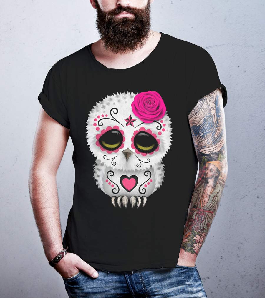 Owl Sugar Skull With Pink Rose And Heart Motif T-Shirt