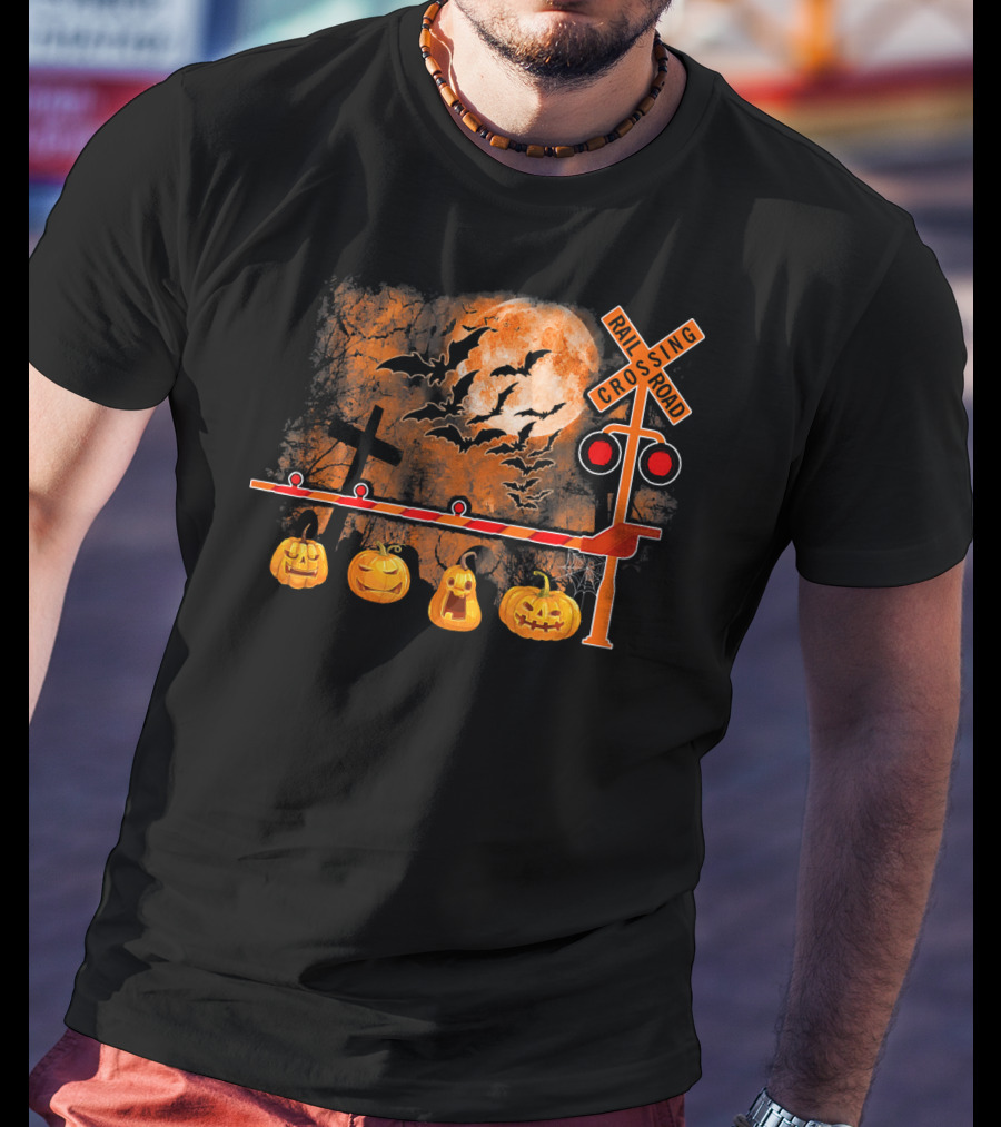 Halloween Railroad Crossing Sign With Pumpkins And Bats T-Shirt