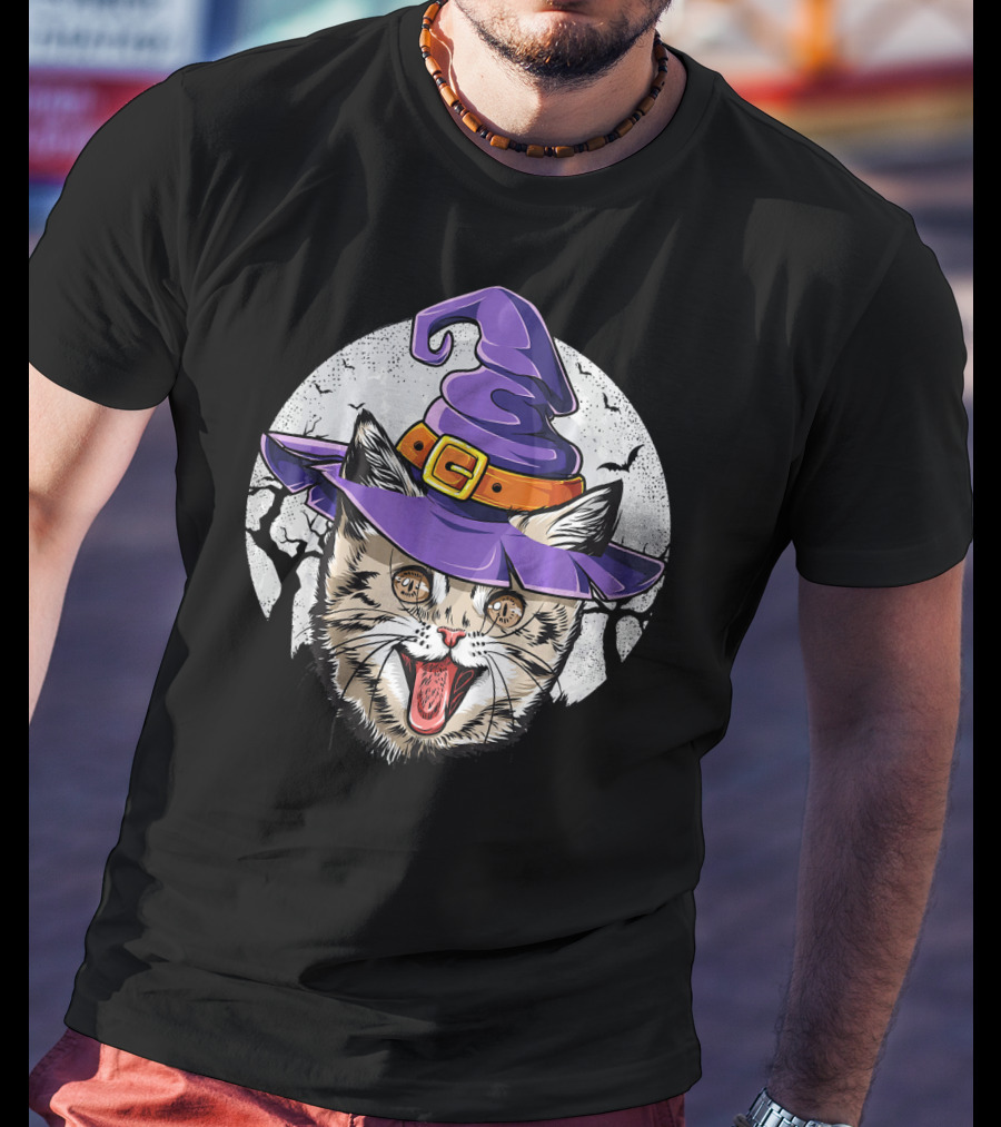 Funny Halloween Witch Cat With Purple Hat And Moon Background T-Shirt