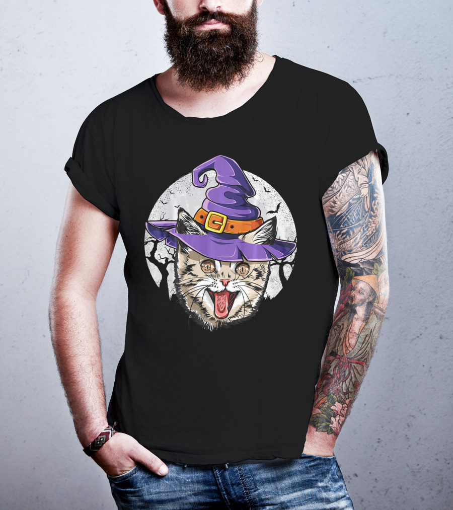 Funny Halloween Witch Cat With Purple Hat And Moon Background T-Shirt
