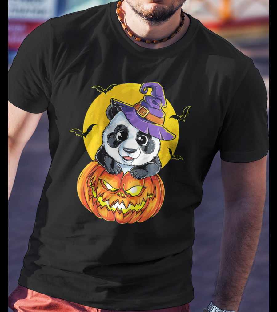 Panda Witch Halloween Pumpkin Moon Bats T-Shirt