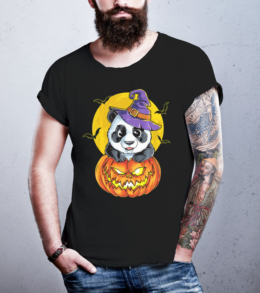Panda Witch Halloween Pumpkin Moon Bats T-Shirt