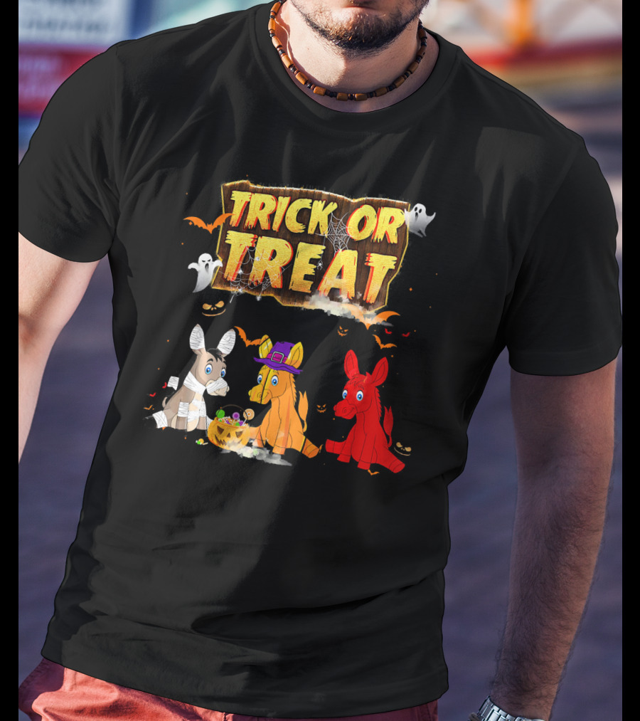 Trick Or Treat Three Donkeys Halloween Candy Pumpkins Ghosts T-Shirt