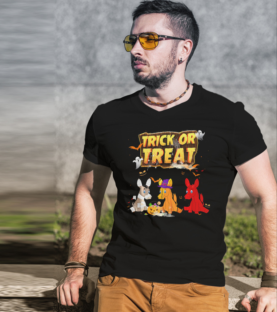 Trick Or Treat Three Donkeys Halloween Candy Pumpkins Ghosts T-Shirt