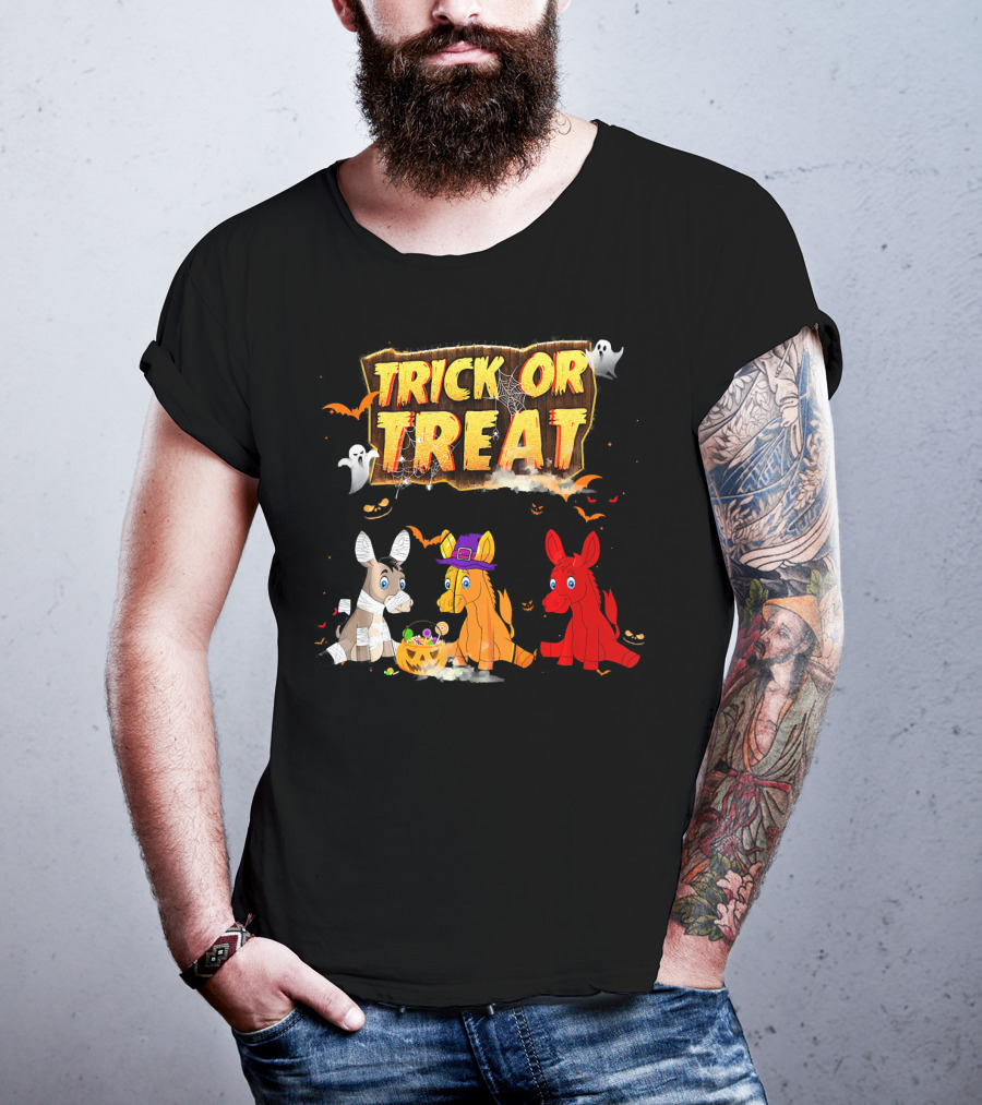 Trick Or Treat Three Donkeys Halloween Candy Pumpkins Ghosts T-Shirt