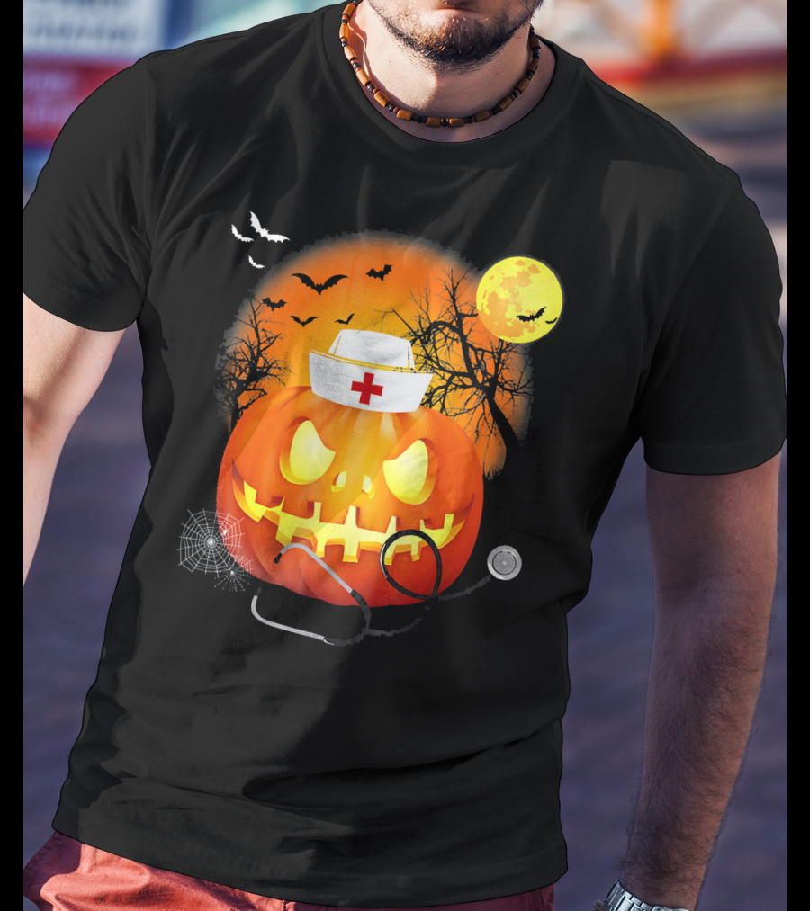 Nurse Halloween Pumpkin With Stethoscope And Bats T-Shirt