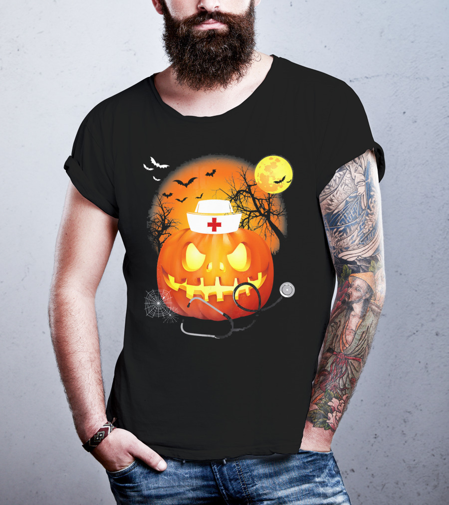 Nurse Halloween Pumpkin With Stethoscope And Bats T-Shirt