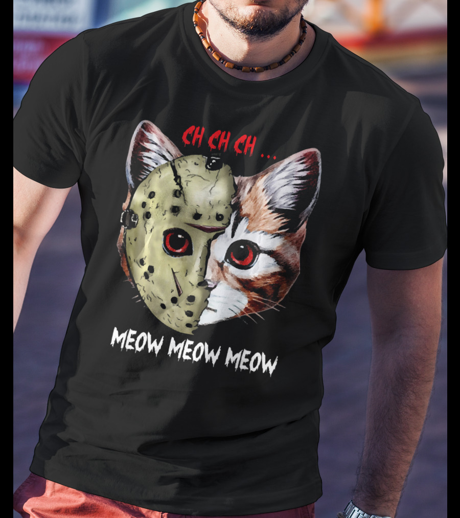 Ch Ch Ch Meow Meow Meow Jason Mask Cat Hybrid T-Shirt