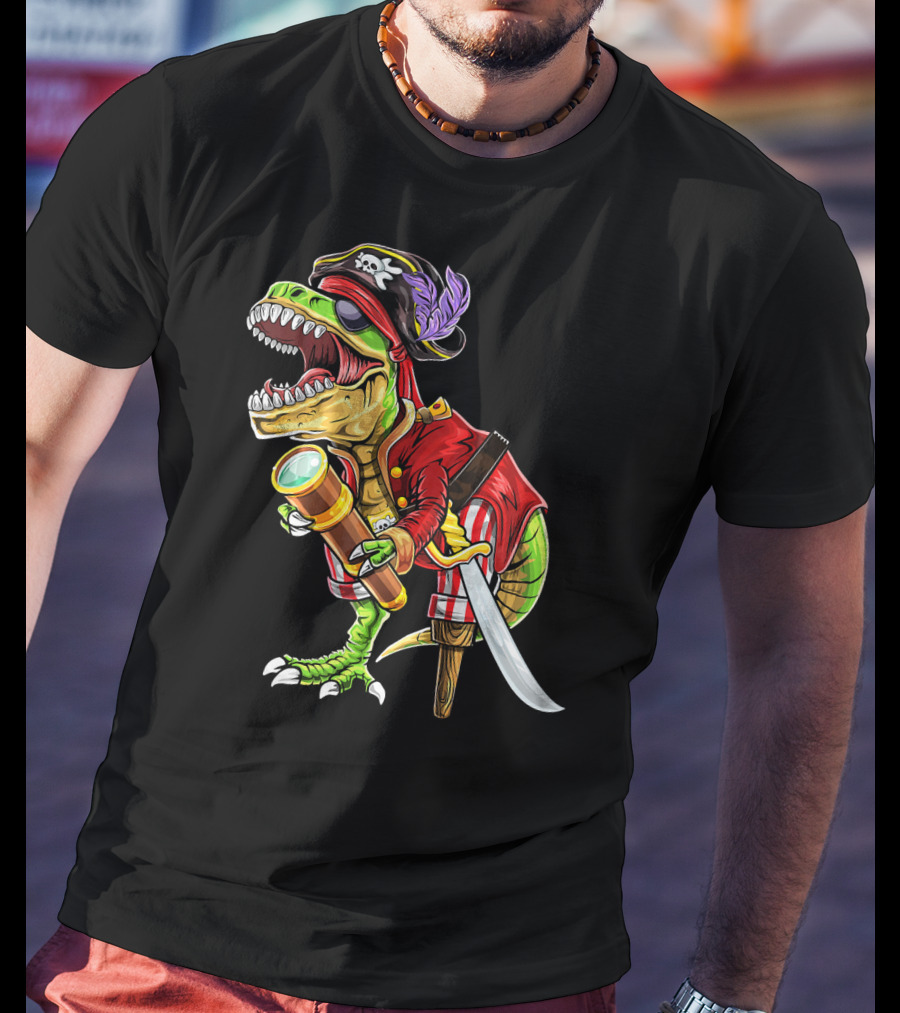 Pirate Dinosaur With Telescope And Peg Leg In Halloween Costume T-Shirt