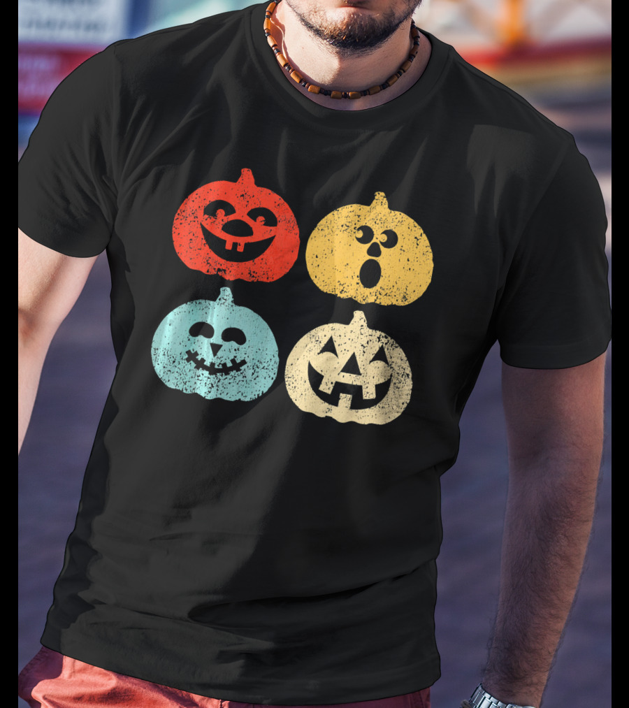 Vintage Halloween Pumpkin Women Retro Colorful Jack-O'-Lantern Faces T-Shirt