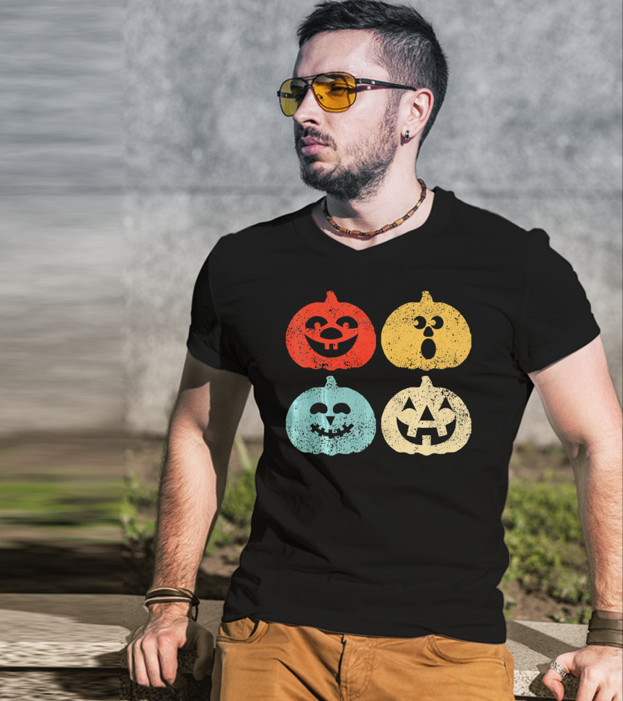 Vintage Halloween Pumpkin Women Retro Colorful Jack-O'-Lantern Faces T-Shirt