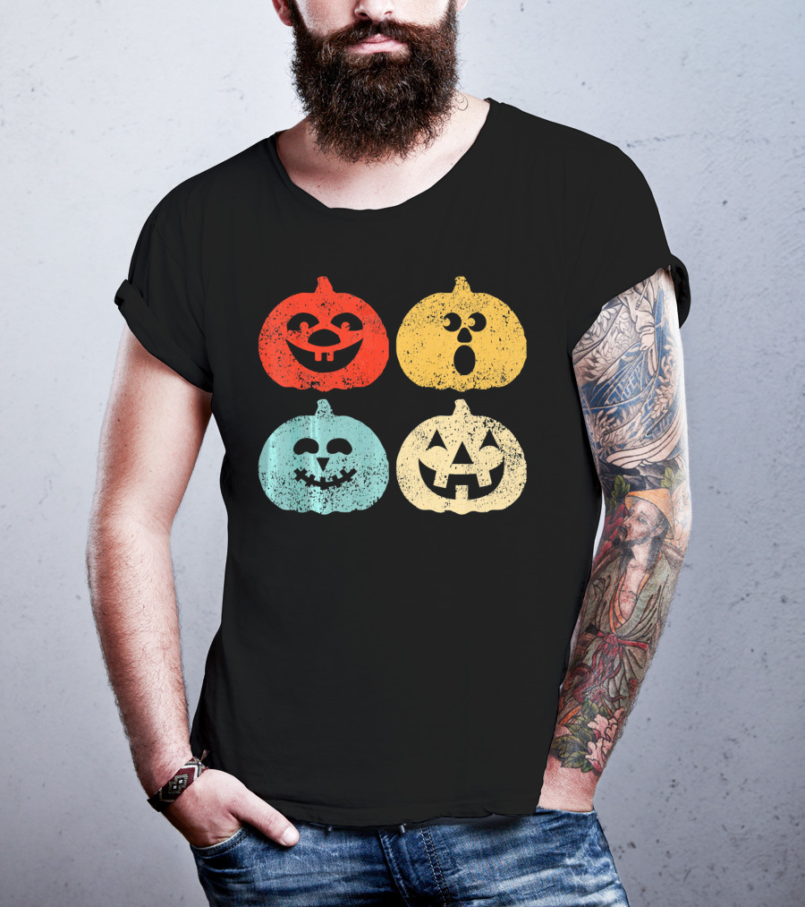 Vintage Halloween Pumpkin Women Retro Colorful Jack-O'-Lantern Faces T-Shirt