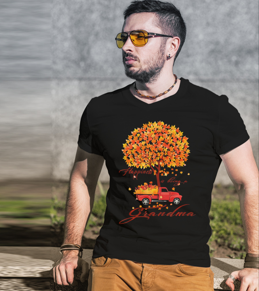 Happiness Is Being A Grandma Autumn Tree With Pumpkins Truck T-Shirt