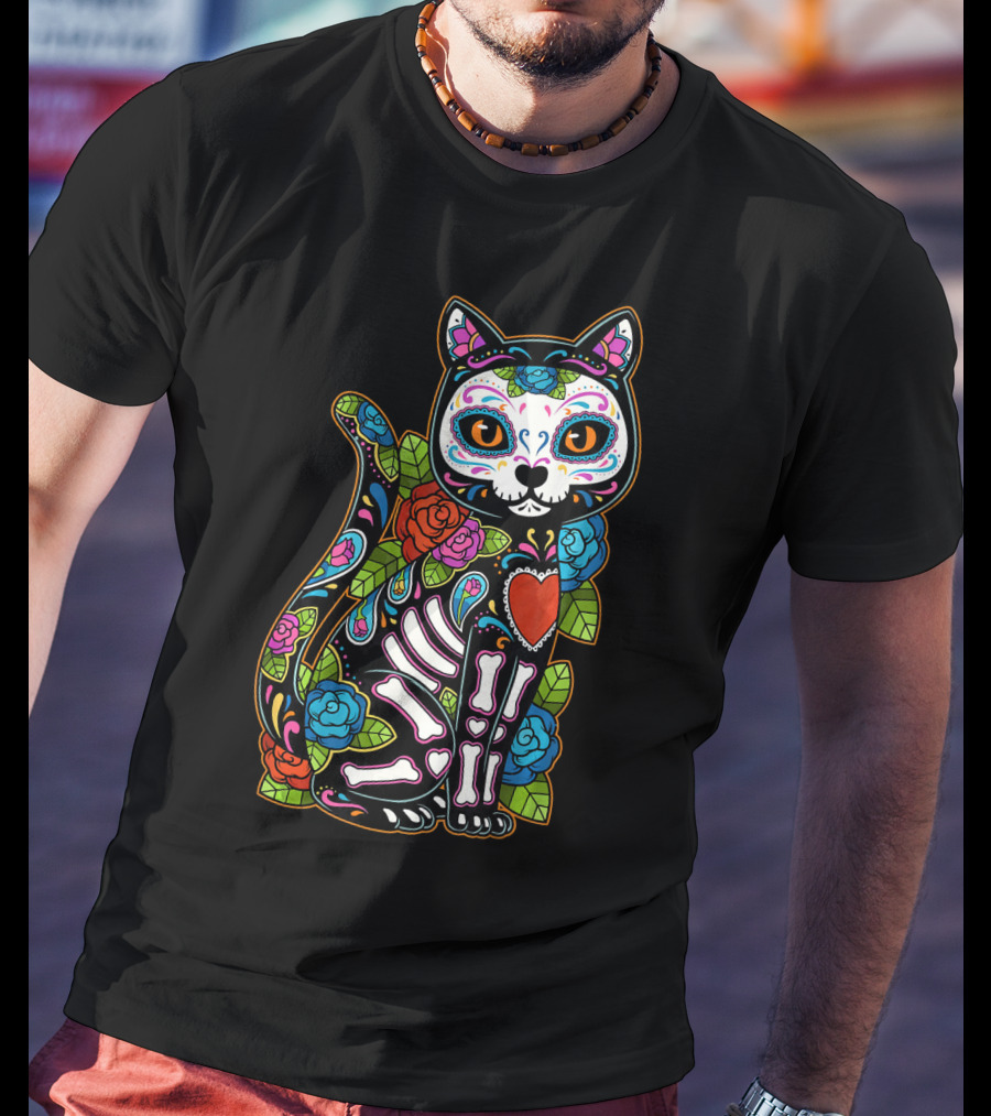 Cat Sugar Skull Calavera Mexico Dia De T-Shirt
