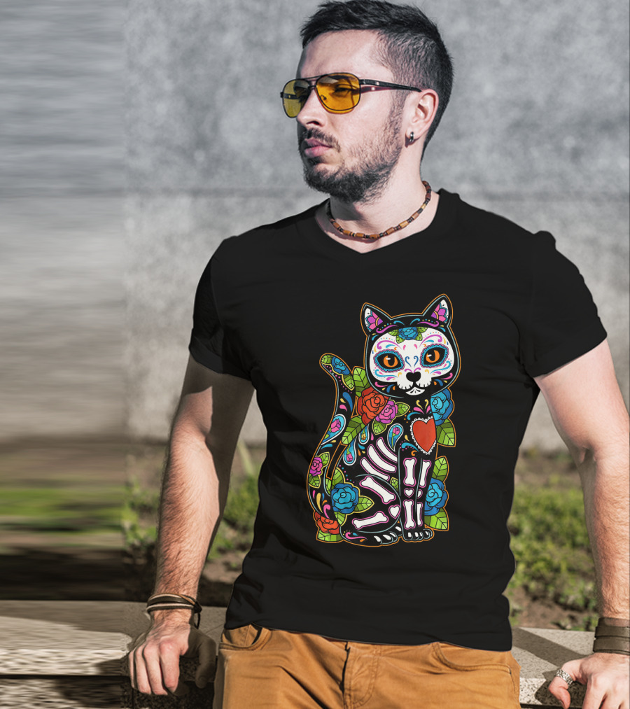 Cat Sugar Skull Calavera Mexico Dia De T-Shirt